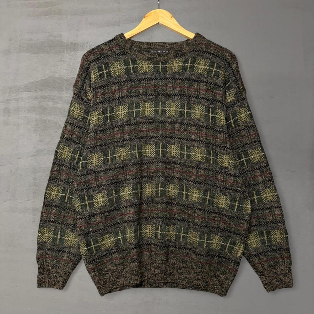 Vintage Geoffrey Beene Chunky Sweater Brown Plaid Knit Crewneck Pullover‎ XL